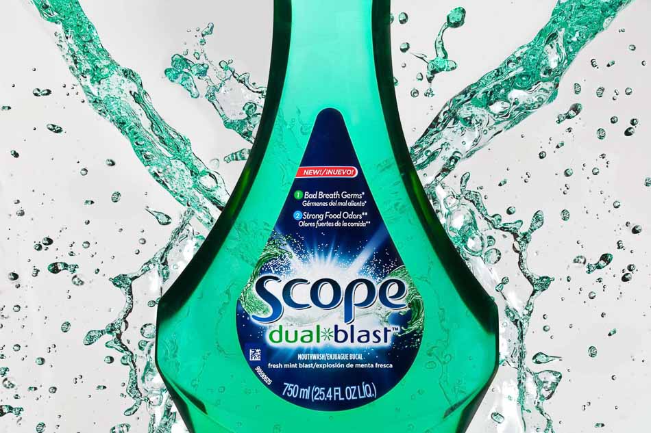 High speed splash photo of scope mouthwash bottle | Splash photography | High Speed | Dramatic Product Photography | Bottle Photography | Shot in Denver, Colorado