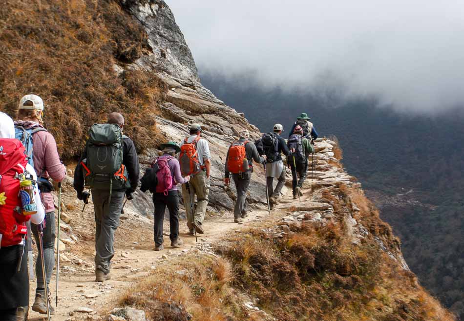 Group of trekkers on Everest basecamp trek in Himalayas, Nepal