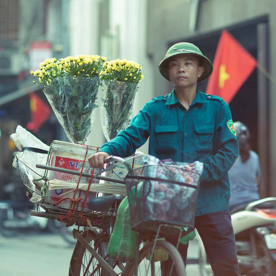 Street Photography of Man with bike and flowers in Hanoi, Vietnam | Travel Photography 