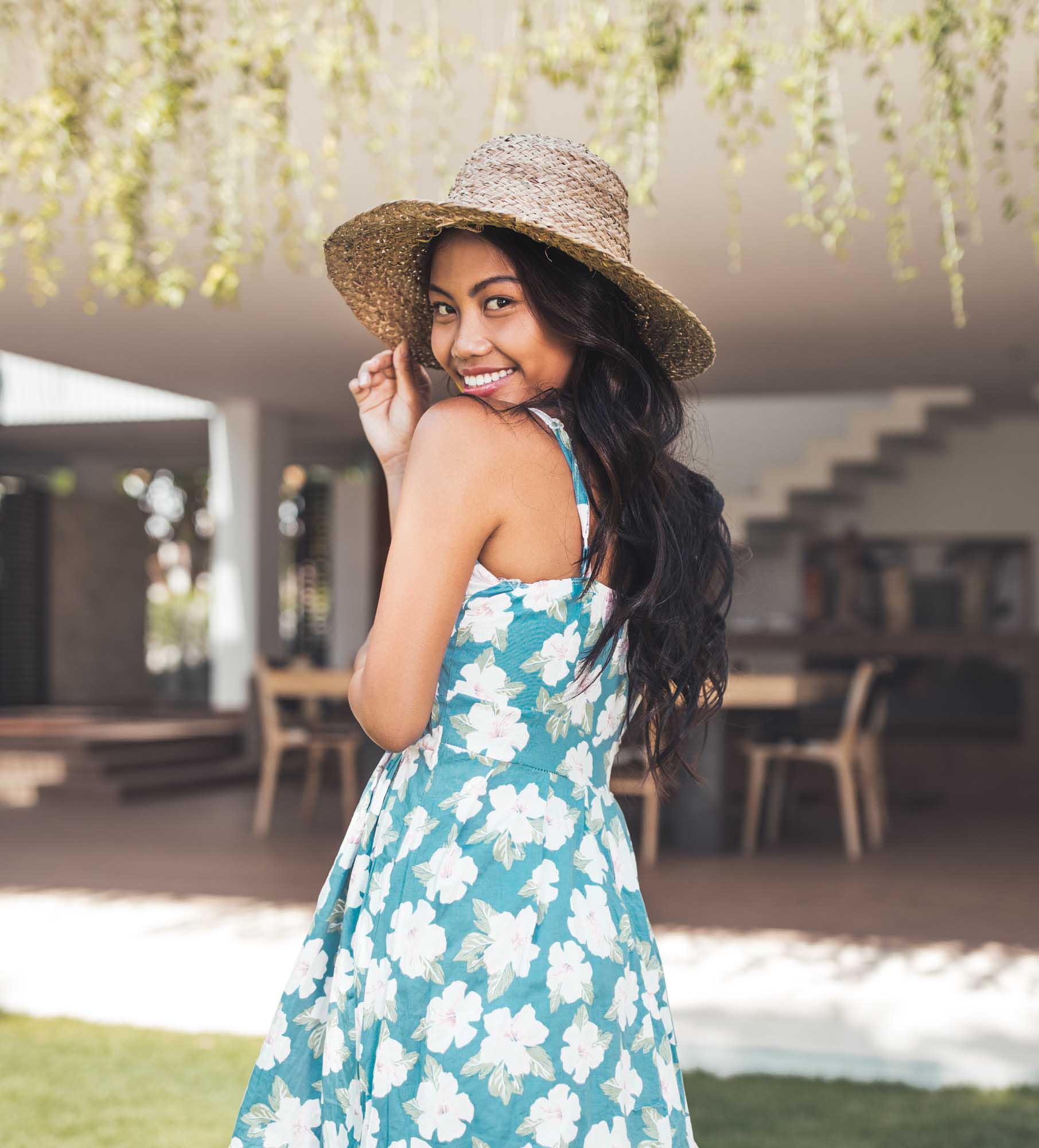 Asian girl in flower dress models with a hat at luxury villa | Fashion Photography | Portraiture | Canggu, Bali | Denver Photographer | Mike Olmsted