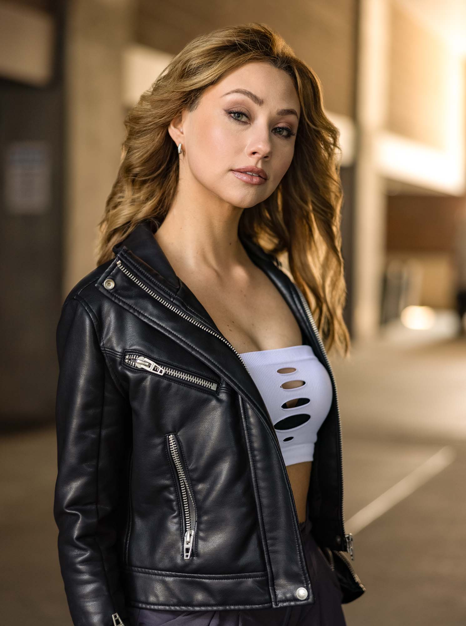 Denver fashion model in leather jacket