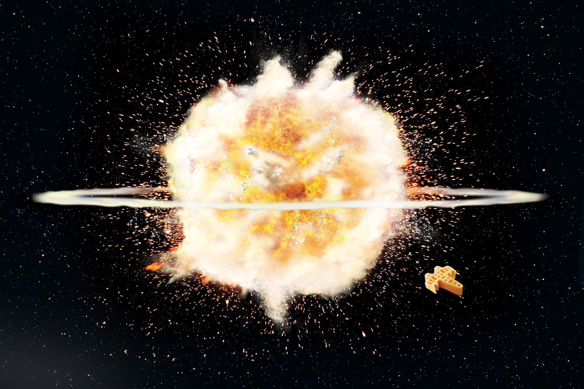 Conceptual advertising image for Kraft Mac & Cheese featuring a Star Wars–inspired noodle explosion.