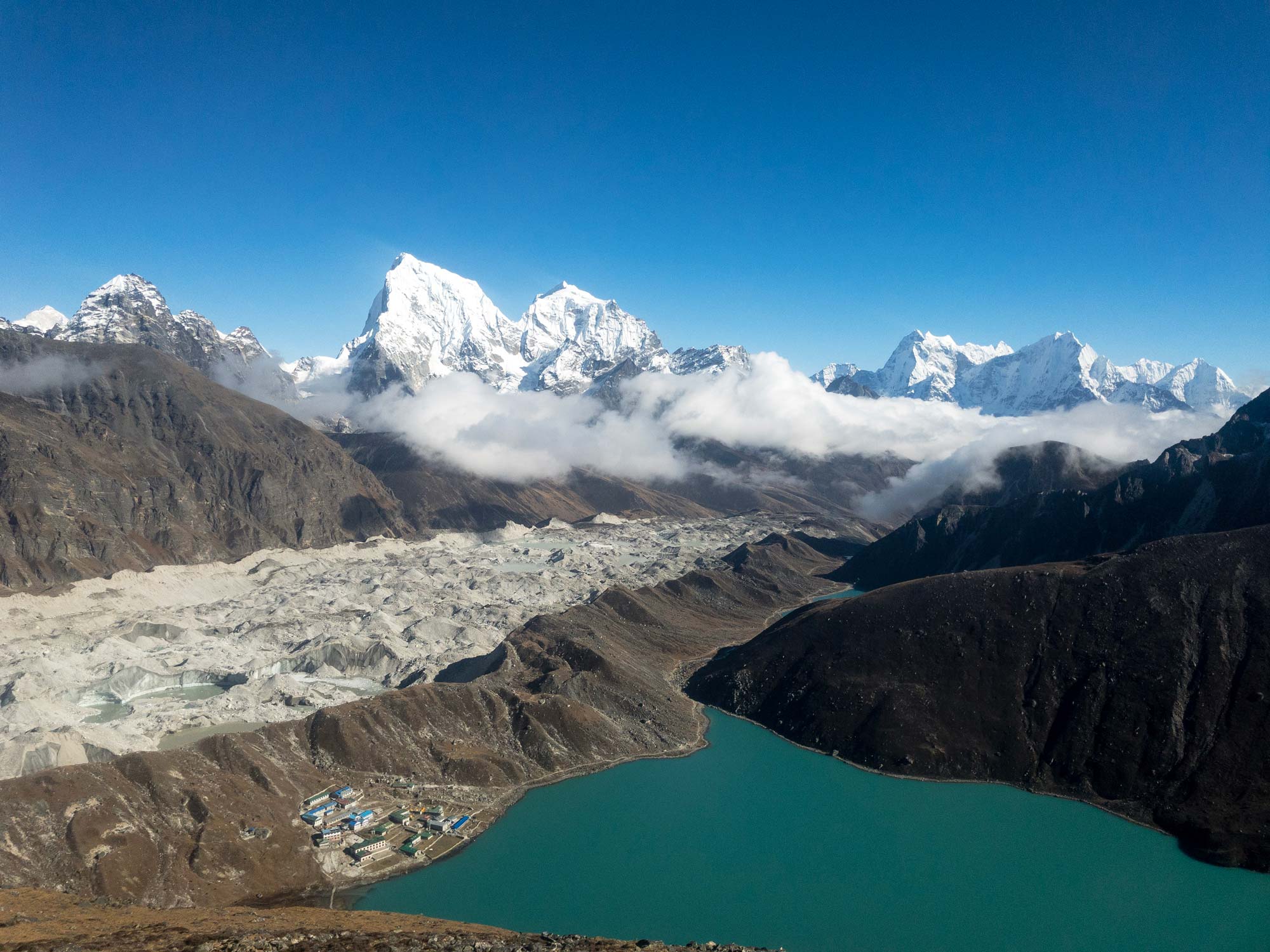 High-altitude landscape photography of Gokyo village and turquoise lake in Nepal.